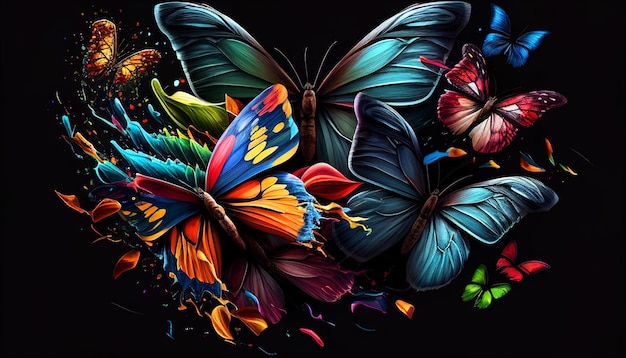검정색 배경에 있는 밝은 나비의 아름다운 추상화