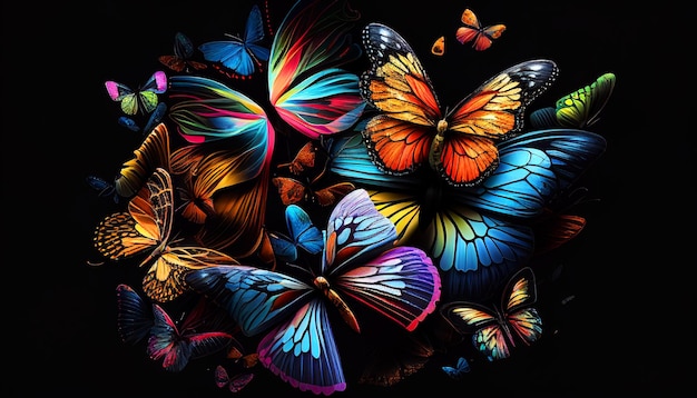 검정색 배경에 있는 밝은 나비의 아름다운 추상화