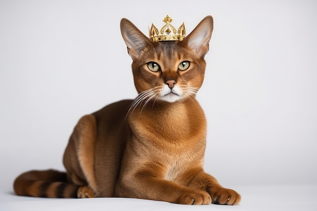 Beautiful Abyssinian Cat In Gold Crown On White Background Generative AI