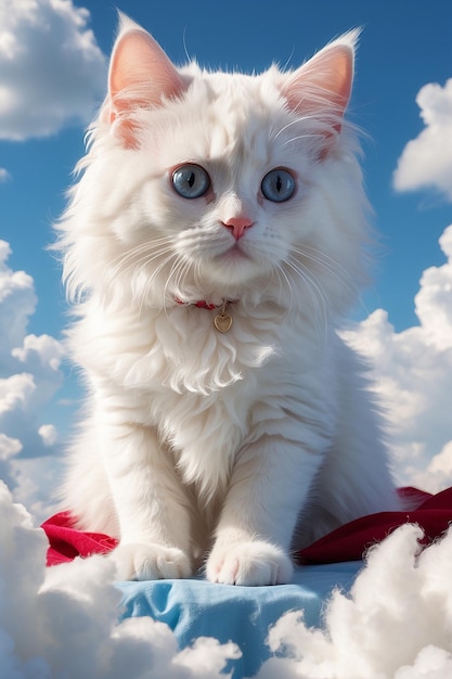 아름다운 사랑스러운 고양이가 털털한 구름 위에 앉아 있다