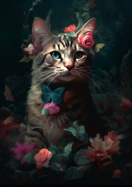 A beautiful adorable cat surrounded floral background generative ai