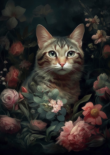 美しい愛らしい猫に囲まれた花の背景生成ai
