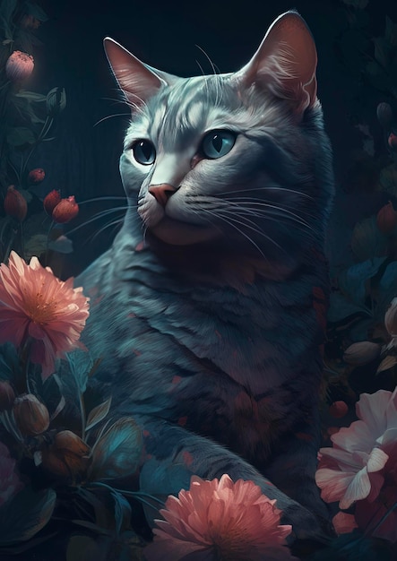 A beautiful adorable cat surrounded floral background generative ai