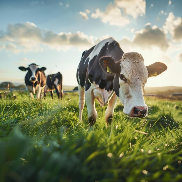 Beautiful adult cows on a green meadow on a sunny day