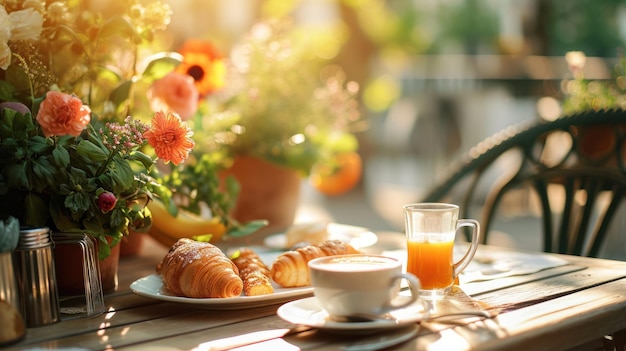 beautiful advertisment photo of summer breakfast in outdoor cafe with copy space