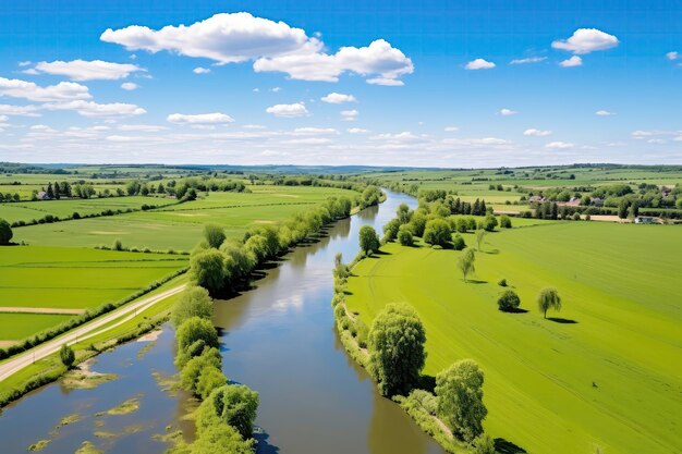 Beautiful aerial image of green meadows and a river in the countryside