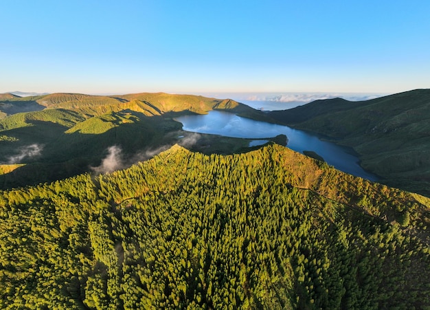 Beautiful aerial panoramic view of Lagoa do Fogo lake in Sao Miguel Island Azores Portugal