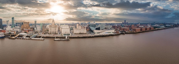 Beautiful aerial panoramic view of the Liverpool city skyline view near the sea. Liverpool waterfront scene.