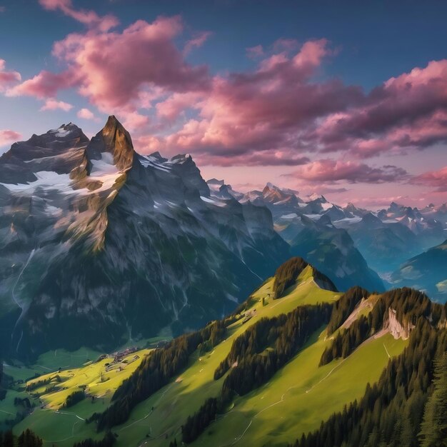 スイスのFronalpstock山脈の美しい空中写真美しいピンクと青い空の下で