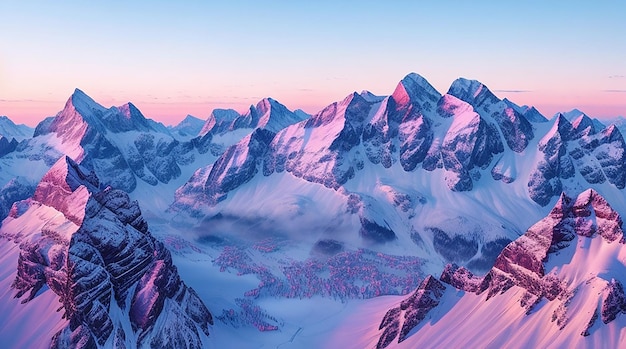 Beautiful aerial shot of fronalpstock mountains in switzerland under the beautiful pink and blue sky