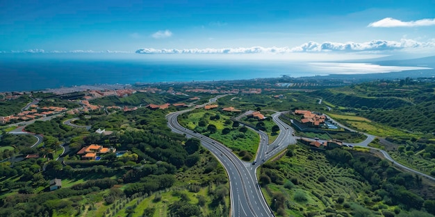 Photo beautiful aerial view of the anthropic tenerife in spain with winding roads and blue sky