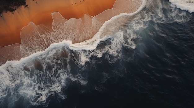 Beautiful aerial view of black beach sea ocean wave