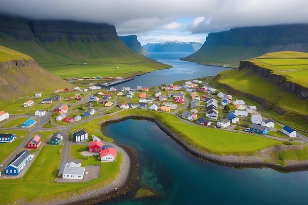 Photo beautiful aerial view of the city of klaksvik in the fareo islands with its colorful houses