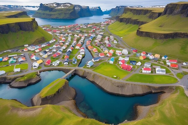 Photo beautiful aerial view of the city of klaksvik in the fareo islands with its colorful houses