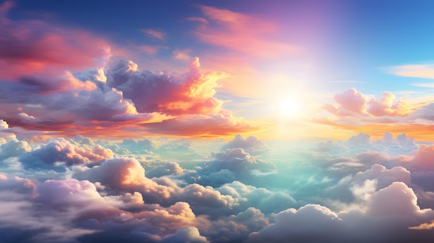 Beautiful aerial view above clouds at sunset with rainbow Stairway in the clouds to heaven