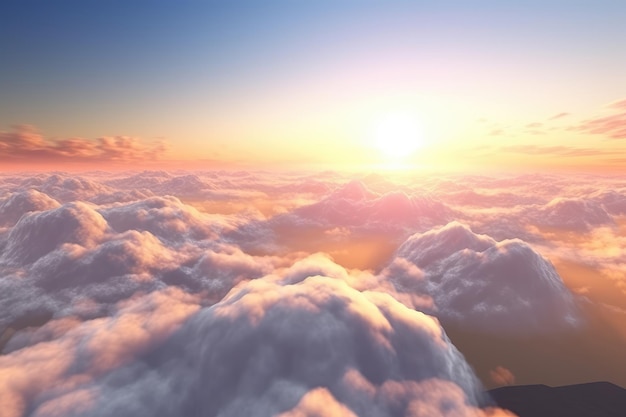 Beautiful aerial view above clouds with sunset