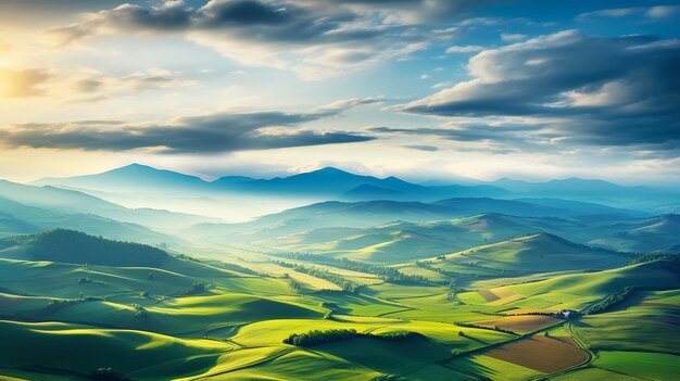 Beautiful aerial view of colorful fields landscape in morning mist with sun rays