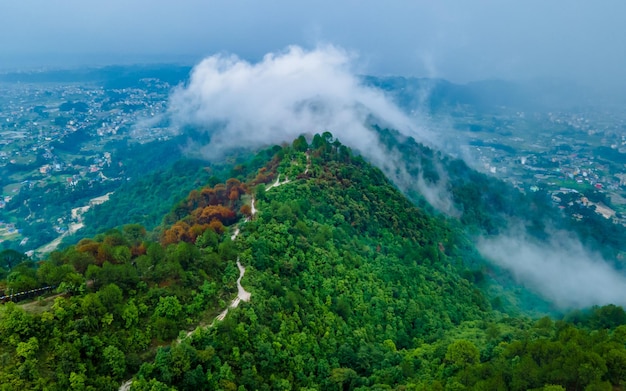 Beautiful aerial view of greenery hill during monsoon season at kathmandu nepal