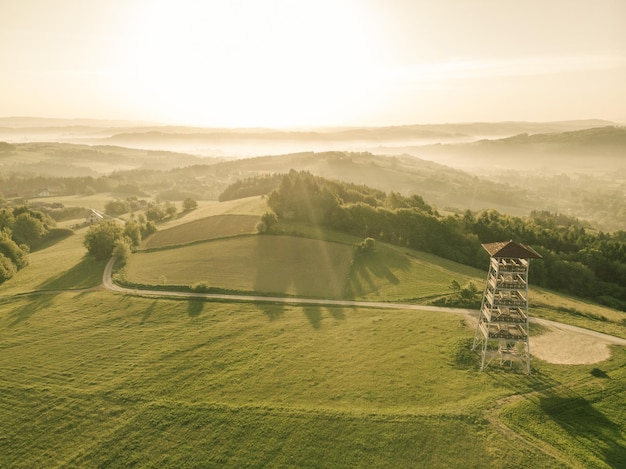 Beautiful aerial view over hills at sunrise