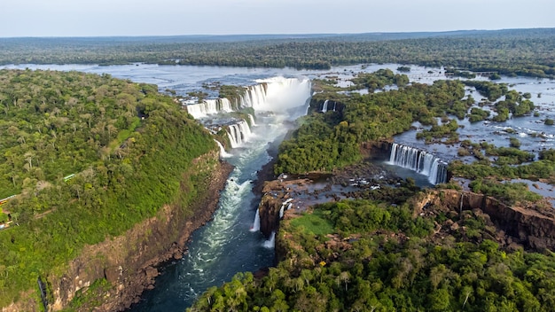 Beautiful aerial view of the Iguassu Falls from a helicopter, one of the Seven Natural Wonders of the World. Foz do IguaÃ§u, ParanÃ¡, Brazil