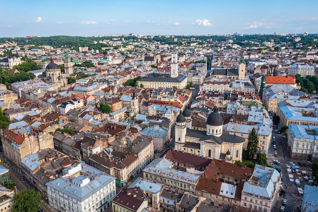 Beautiful aerial view of the lviv city historical city center ukraine