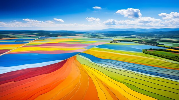 写真 太陽光線と朝霧の中で色とりどりの野原の風景の美しい空撮