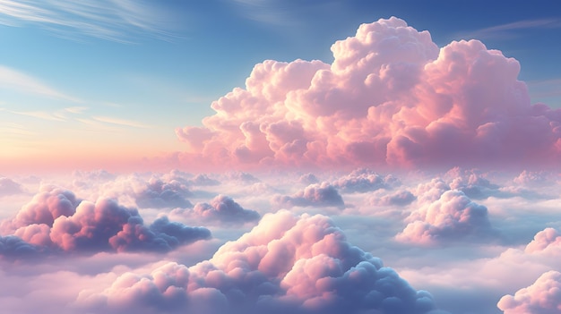 Beautiful aerial view above pink clouds at sunset in barbie world 3d rendering illustration