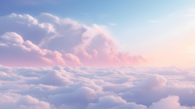 Beautiful aerial view above pink clouds at sunset in barbie world 3d rendering illustration