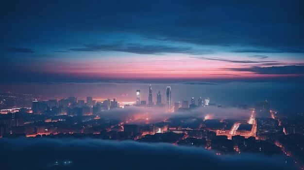 Photo beautiful aerial view of shanghai city at night with fog generative ai