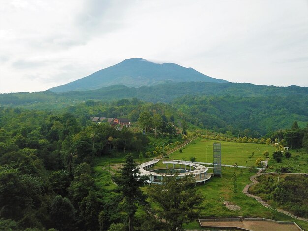 Beautiful aerial view tourist hill on mount ciremai kuningan west java-indonesia