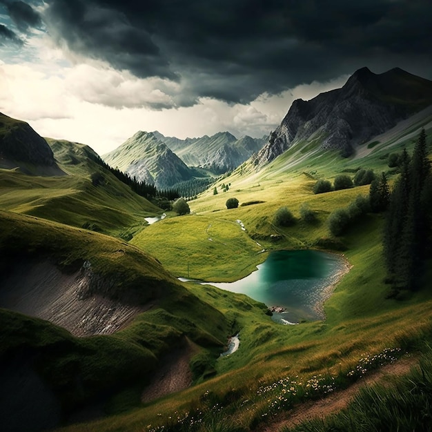 beautiful aesthetic landscape swiss mountains and river around grass cloudy rain day