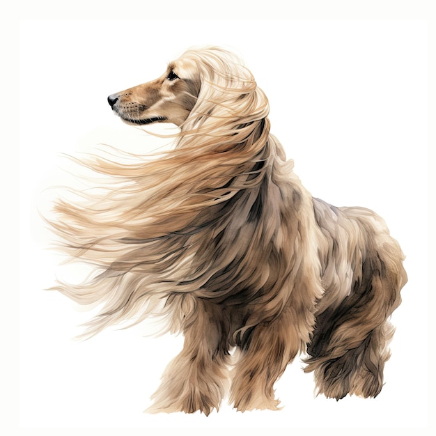 Beautiful Afghan hound with silky hair billowing in the wind Watercolour illustration on white