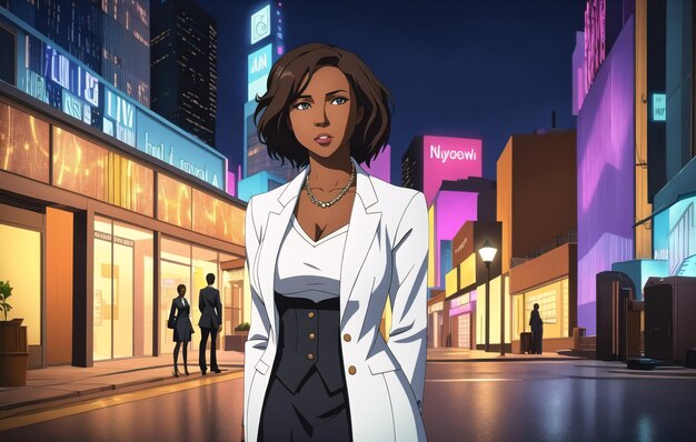 Beautiful african american in business suit on background of metropolitan elegant black woman in classic style in downtown generative ai