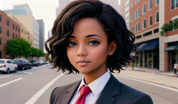 Beautiful african american in business suit on background of metropolitan Elegant black woman in classic style in downtown Generative AI