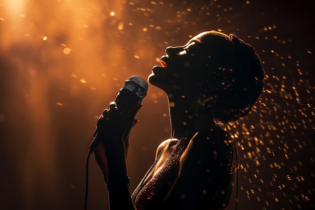 Beautiful African American female singer sings on stage in golden bokeh lights Generative AI illustration