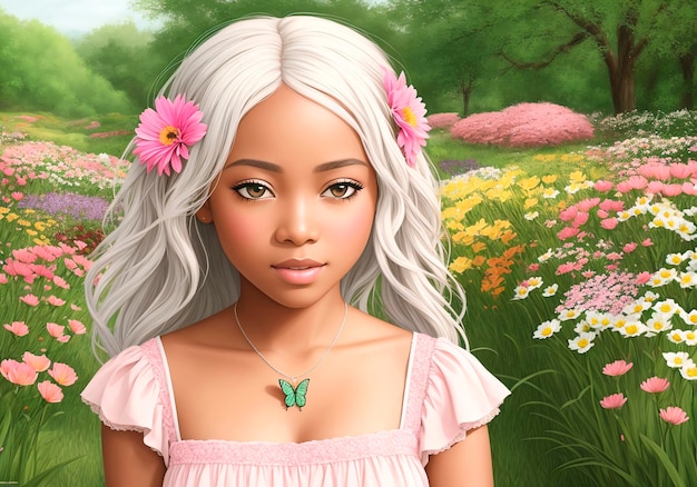 花のある公園にいる美しいアフリカ系アメリカ人の女の子
