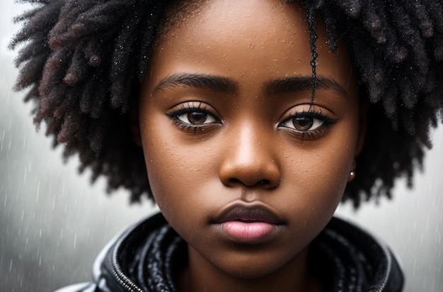 雨の中の美しいアフリカ系アメリカ人の女の子 生成 AI