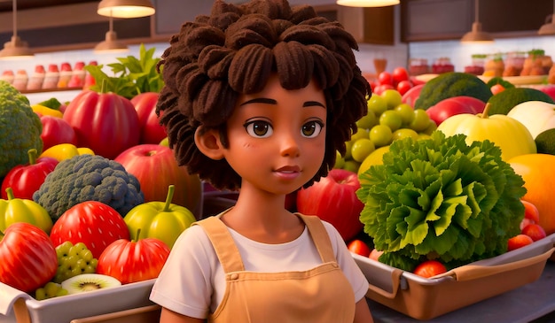 야채와 과일을 배경으로 아름다운 아프리카계 미국인 소녀 슈퍼마켓 직원 생성 AI