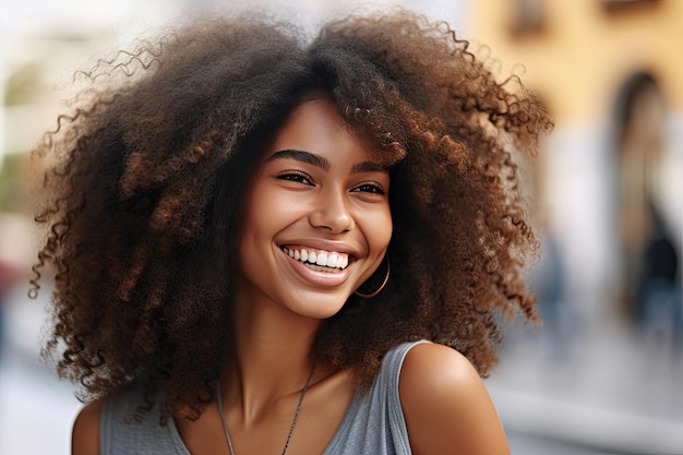 Beautiful african american girl with an afro hairstyle smiling Generative Ai