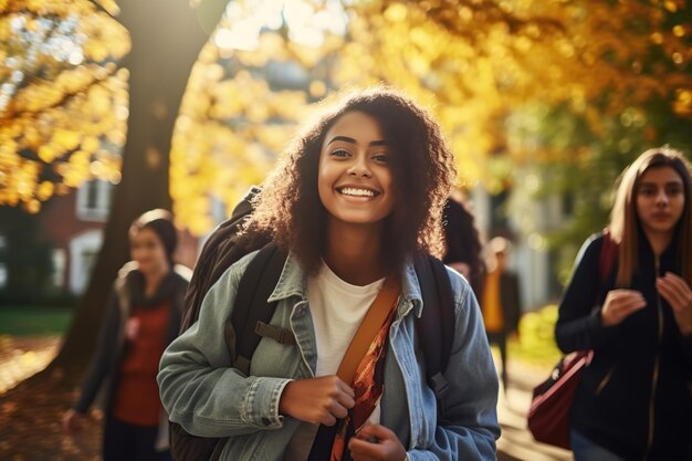 大学キャンパスの美しいアフリカ系アメリカ人学生の女の子