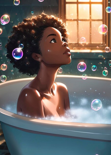 Beautiful african american woman in bathtub with soap bubbles