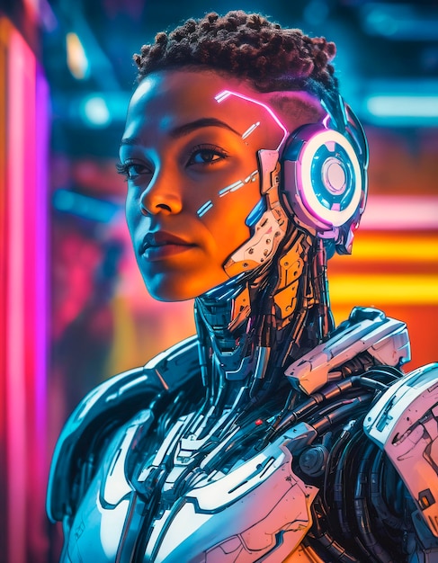 Beautiful african american woman cyborg on neon background