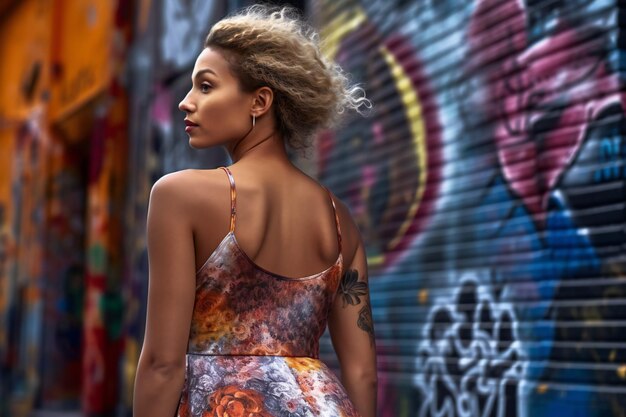 Beautiful african american woman in dress posing against graffiti wall