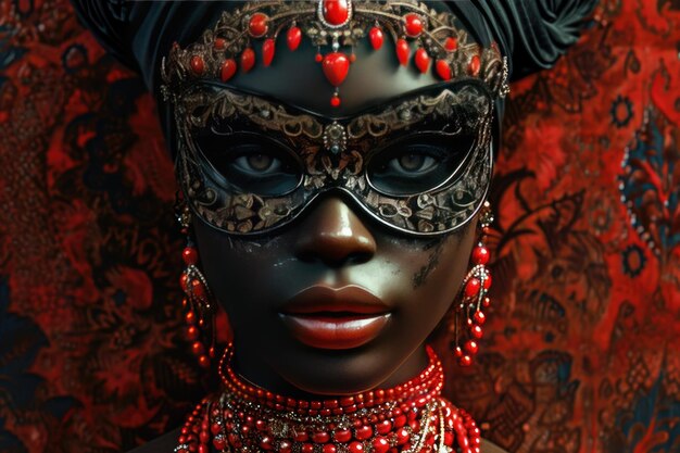 Beautiful african american woman in mysterious mask Venetian carnival Mardi Gras masquerade party