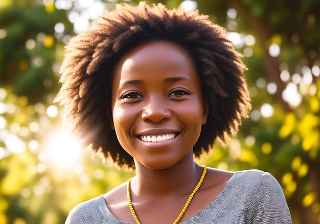 A beautiful African American woman poses against the background of a forest on a summer day Generative AI