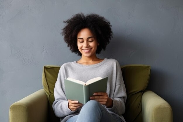 Photo beautiful african american woman relaxing over a cup of tea and book ai generated