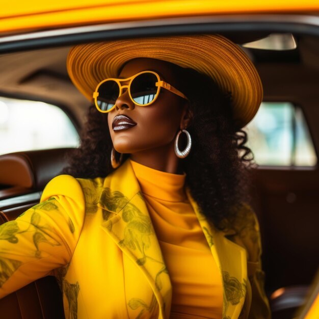 Beautiful african american woman sitting in a yellow car