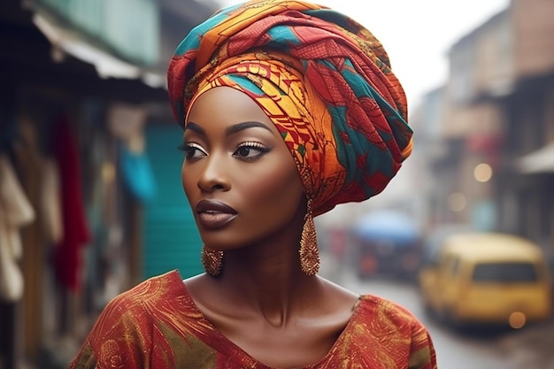 Beautiful african american woman in traditional clothes and headscarf