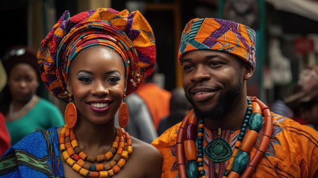 Foto bella donna afroamericana in abito tradizionale e bell'uomo di colore che sorride e guarda