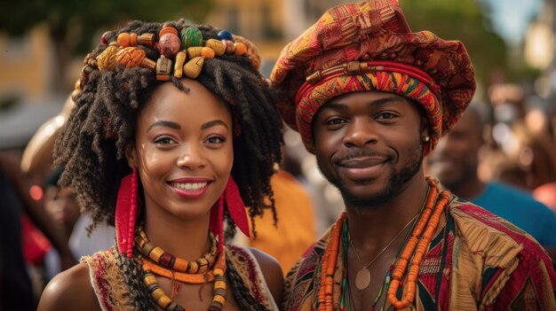 Foto bella donna afroamericana in abito tradizionale e bell'uomo di colore che sorride e guarda